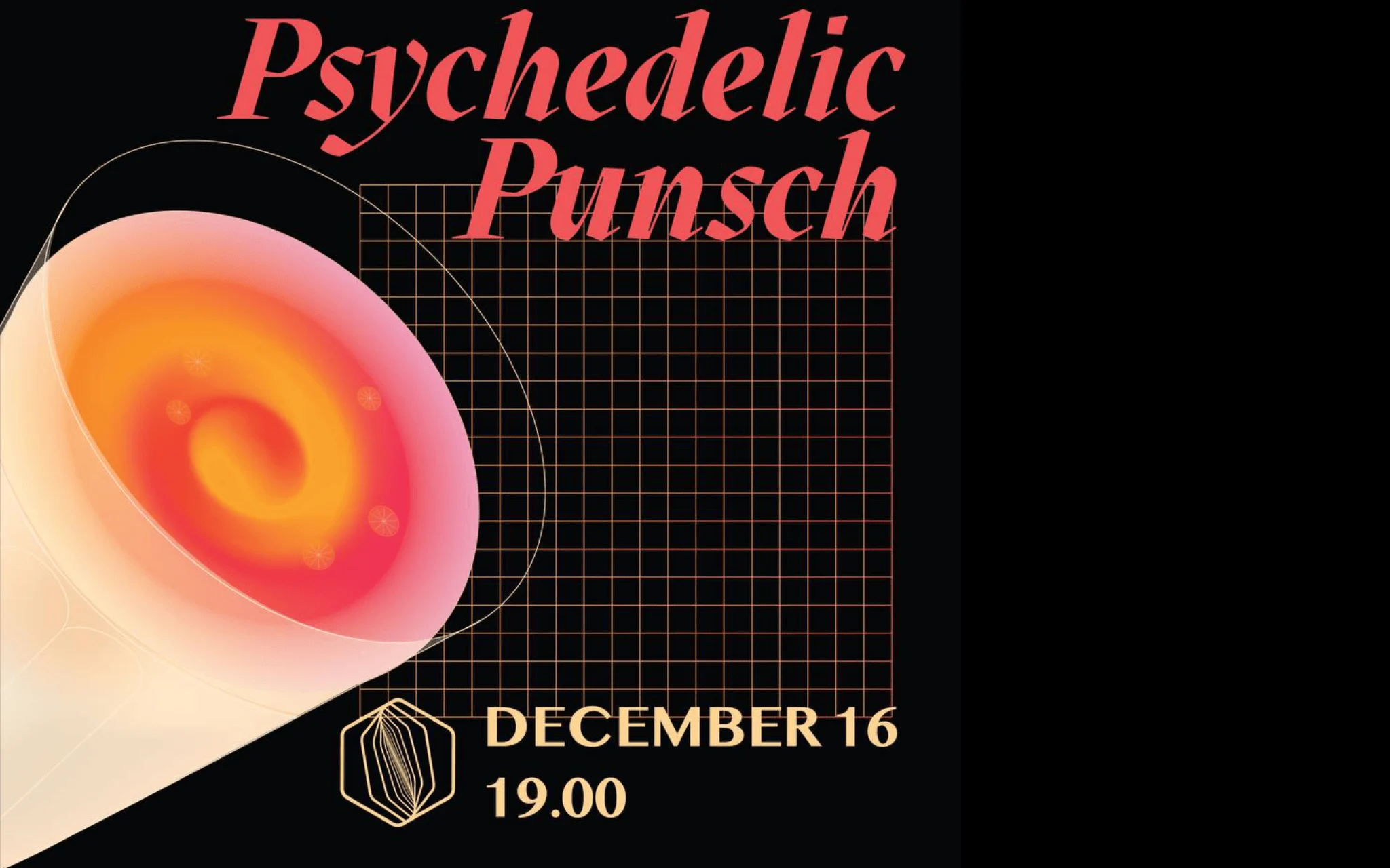 Poster for Psychedelic Punsch on December 16 at 19:00 with a glowing spiral cup
